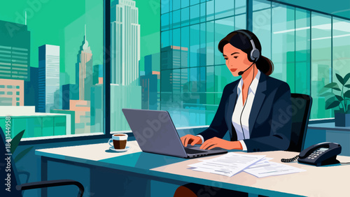 This illustration shows a  customer service staff working at an office desk and a computer, representing customer service or corporate communication in a modern workspace.