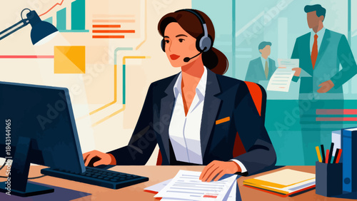 This illustration shows a  customer service staff working at an office desk and a computer, representing customer service or corporate communication in a modern workspace.