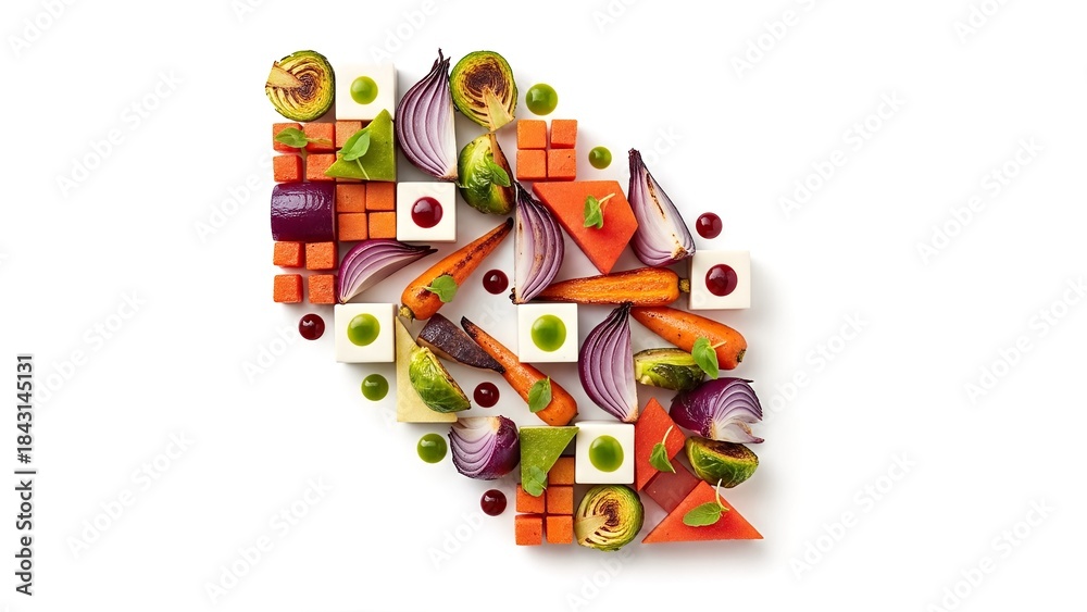 Fototapeta premium Artistic Arrangement of Fresh Chopped Vegetables and Cubes of Cheese.