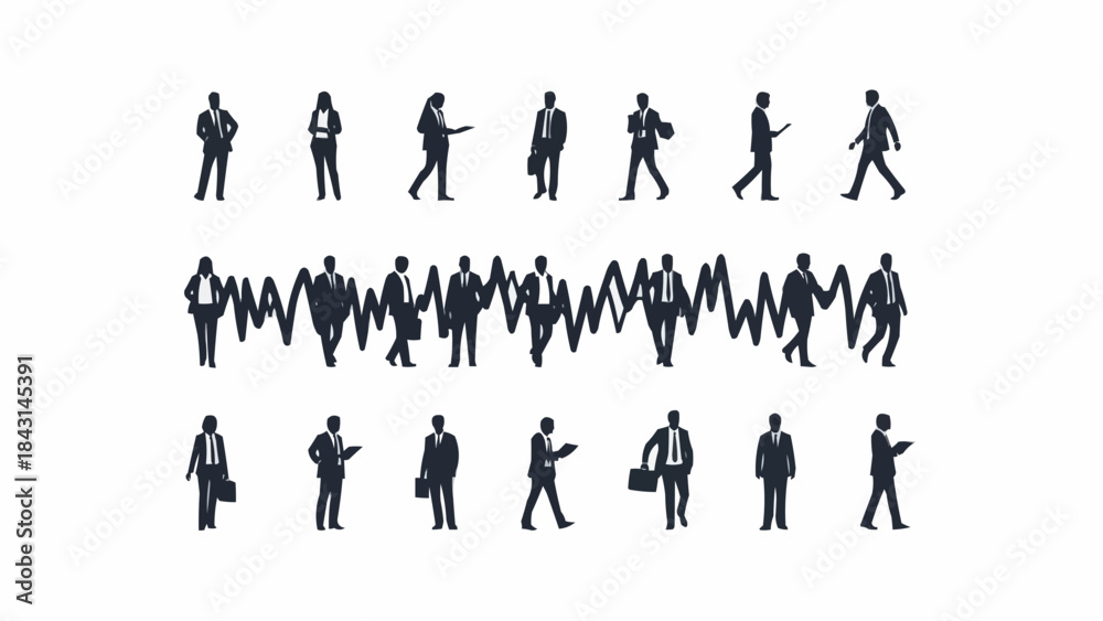 Naklejka premium Collection of Silhouette Business People in Various Poses and Actions.