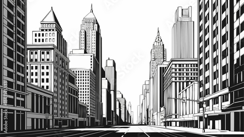 Black and White Cityscape with Tall Buildings and Streets.