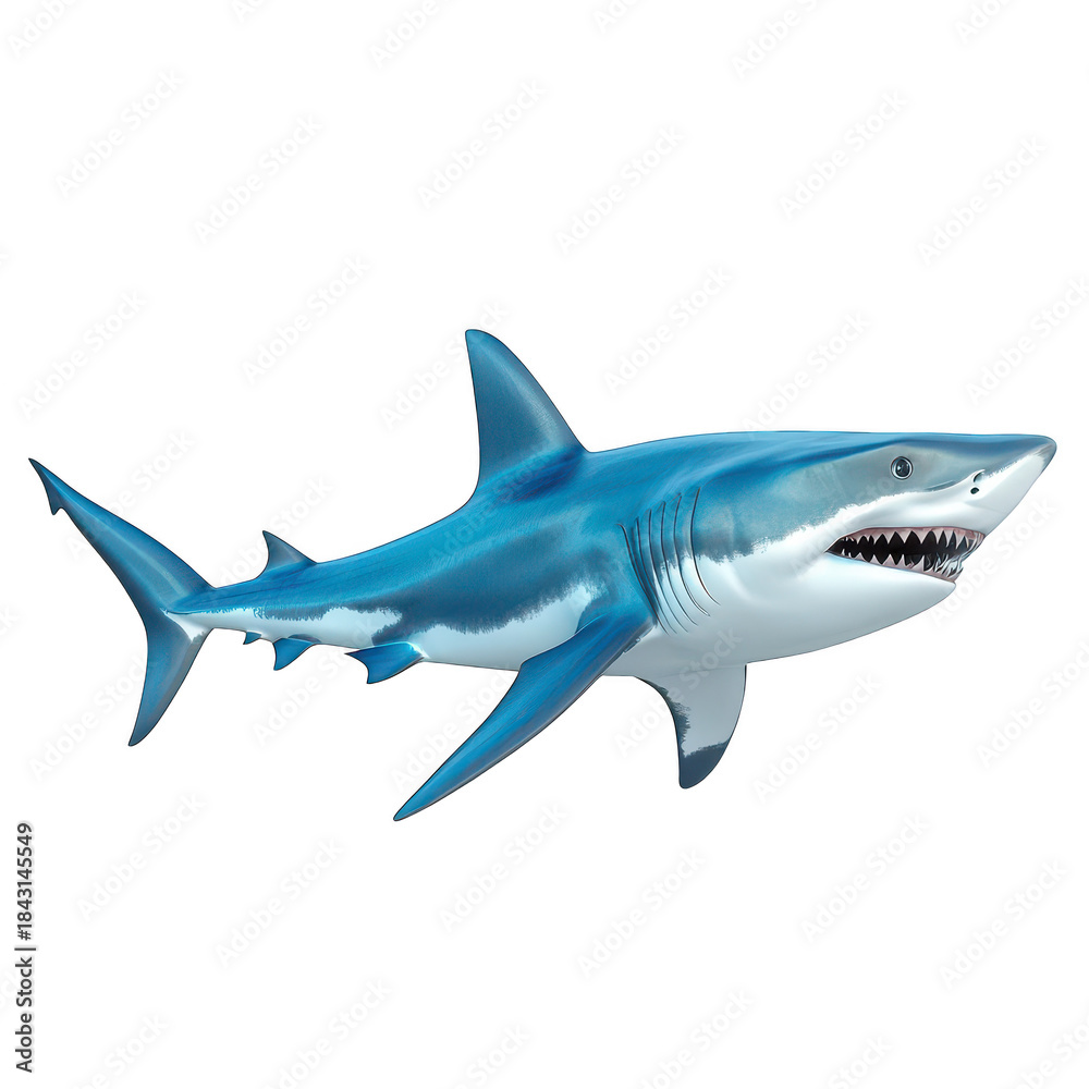 Obraz premium A realistic 3D rendering of a great white shark swimming gracefully through the ocean. its powerful physique and sharp teeth. with a clear blue background enhancing its vivid colors