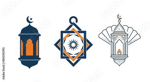 Elegant Vector Illustration Set Showcasing Traditional Islamic Lanterns with Intricate Geometric Patterns and Crescent Moon Symbols, Ideal for Cultural Celebrations and Festive Designs