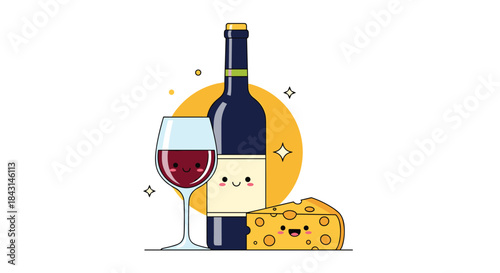 Adorable kawaii-style illustration of a smiling red wine glass, a happy wine bottle, and a cheerful wedge of cheese characters.