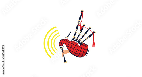 A cartoon illustration of a traditional Scottish bagpipe being played, with yellow sound waves emanating from the instrument.