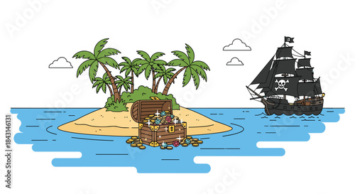 A pirate ship with a skull and crossbones flag approaches a tropical island with palm trees where an open treasure chest sits.