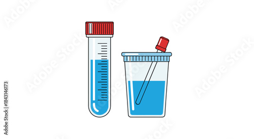 A medical laboratory test tube and a specimen cup, both containing blue liquid, used for analysis and diagnostic testing.