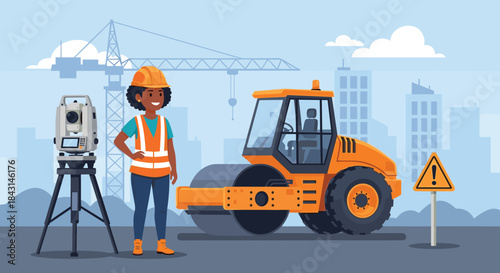 A Black female civil engineer or surveyor in safety gear stands with a theodolite on a construction site with a steamroller.