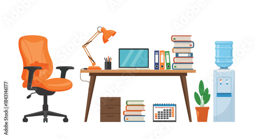 A well-organized office workspace with a desk, ergonomic chair, laptop, books, lamp, and a water cooler on a white background.