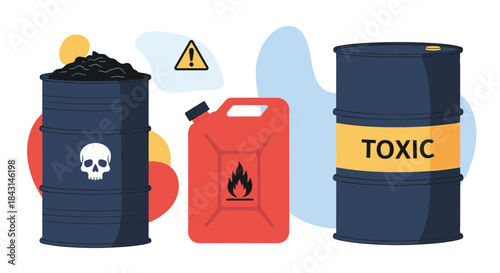 A collection of hazardous materials including barrels of toxic and chemical waste and a red flammable liquid container.