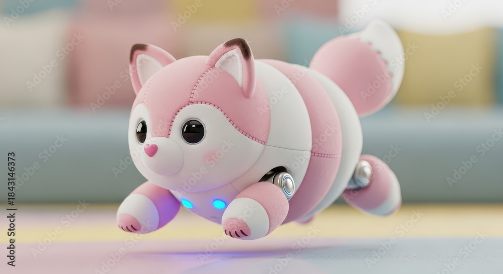 Obraz premium Adorable robotic fox companion glows with soft blue light while running indoors