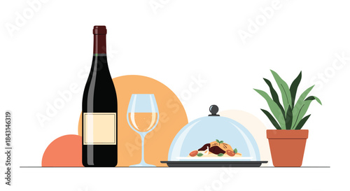 A sophisticated table setting with a bottle of red wine, a glass of white wine, and a gourmet meal under a cloche.