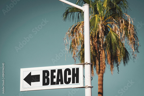 Old worn beach sign with palm tree