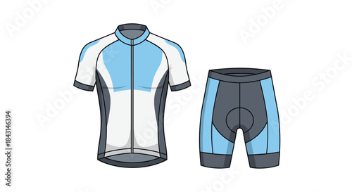 A professional cycling kit mockup featuring a blue, white, and gray short-sleeved jersey and matching padded bib shorts.