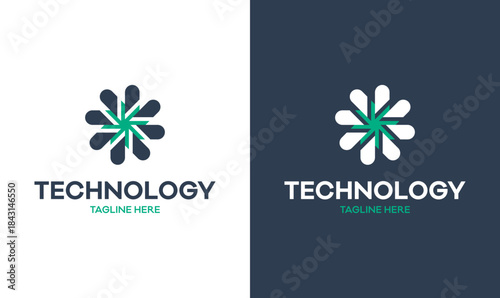 Abstract technology logo with modern geometric flower symbol, digital innovation branding mark, minimal tech startup identity on dark and light background.