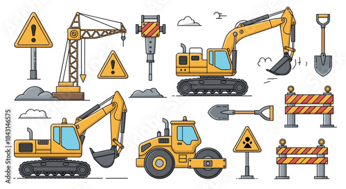 A collection of yellow construction vehicles and equipment, including excavators, a crane, and warning signs, in a line art style.