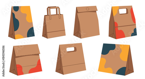 A collection of various brown paper bags for shopping or takeout food, shown in different shapes, sizes, and designs.