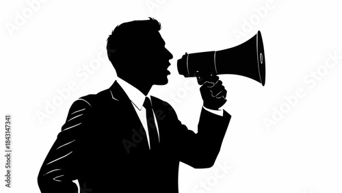 Silhouette of a businessman speaking into a megaphone.