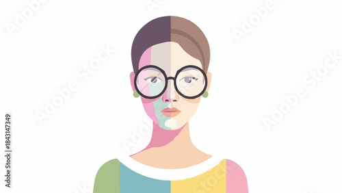 Young Woman with Round Glasses and Colorful Shirt.