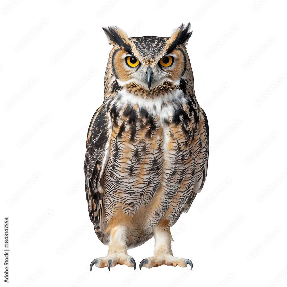 Obraz premium A majestic owl stands prominently against a plain white backdrop. its striking yellow eyes and intricate feather patterns. ideal for wildlife photography or educational materials