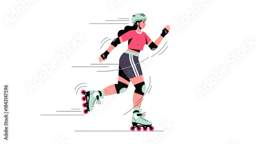 Illustration depicting a woman in motion rollerblading vigorously on a white background