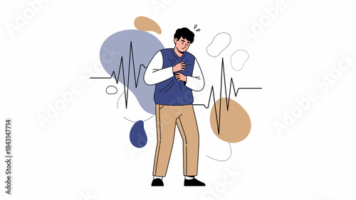 Illustration depicting a man experiencing chest pain and an abnormal heartbeat displayed