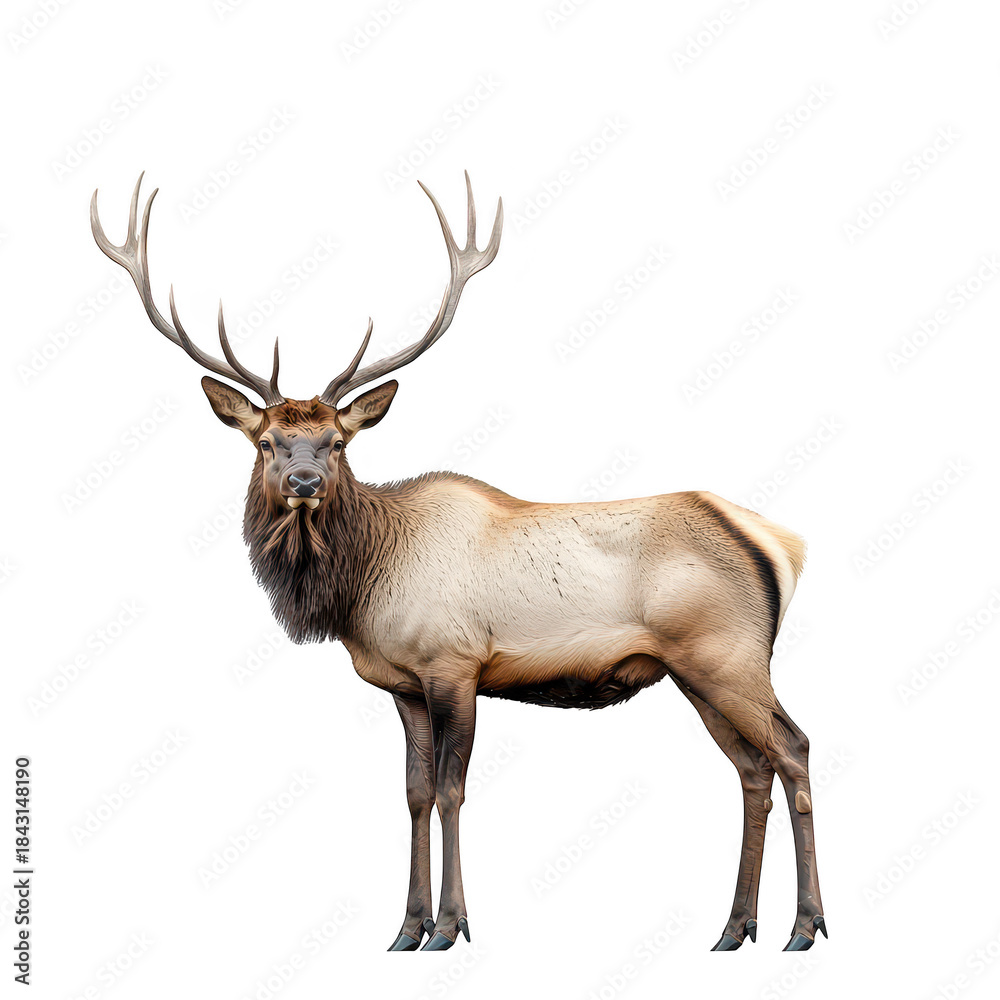 Fototapeta premium A majestic elk stands proudly in a serene natural setting. its impressive antlers and strong physique. with soft lighting highlighting its features. ideal for wildlife photography