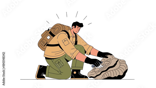 Illustration of a man examining a fossil and engaged in the field of paleontology