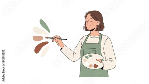 An artist is painting on a wall with colors on a palette and green apron