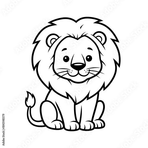 Lion cartoon coloring book page with a cute lion sitting suitable for children with a simple black and white line drawing on a plain white background.