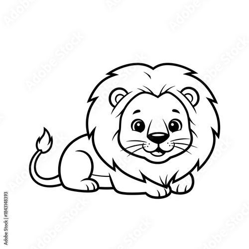 Lion cartoon coloring book page with a cute lion lying down in a suitable black line art style on a white background.