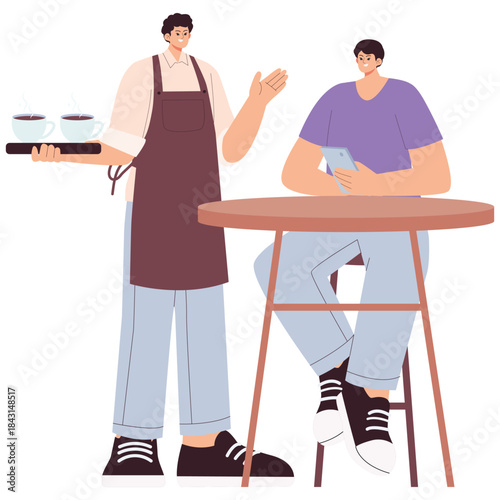 Coffe Shop Illustration. Vector illustration of Waiter serving hot coffee to a customer seated at a round table in a cafe. Isolated on background