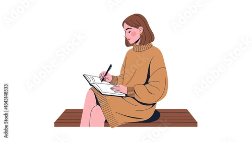 Illustration of a woman writing in a notebook, creating a serene and introspective mood