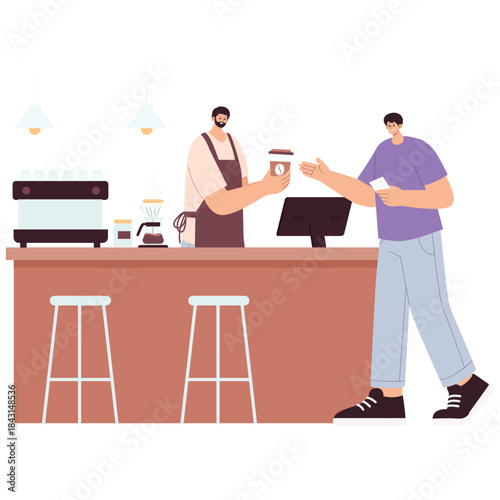 Coffe Shop Illustration. Vector illustration of Barista hands takeaway coffee at cafe counter while customer pays at register, quick service and checkout scene. Isolated on background