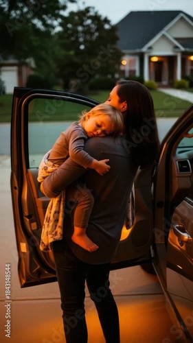 Parent carries child from a car while another child sleeps in their arms on a warm evening