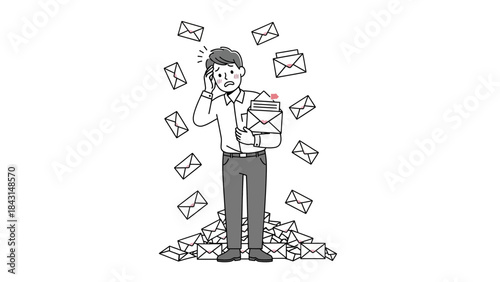 Illustration depicting a stressed man overwhelmed by a large volume of emails and mail