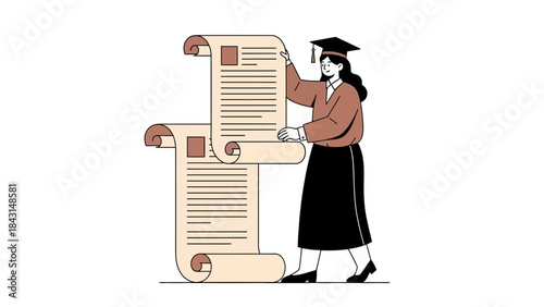 Graduation Illustration: A student holds scrolls, representing her academic achievements