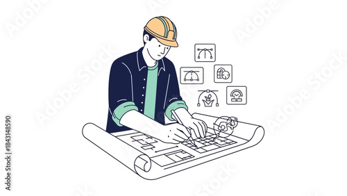 Architect working on blueprints, design and construction project illustration graphic