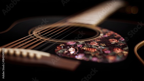 Detailed close up view focuses on the ornate floral pickguard and strings of an acoustic instrument