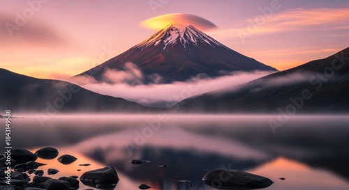 A majestic mountain peak rising above a serene lake at sunset, with a lenticular cloud formation on its summit.