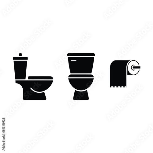Black and white graphic illustration of toilet and toilet paper roll