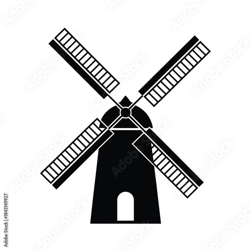 Simple black and white illustration of a classic windmill with four blades