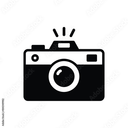 Simple black and white illustration of a vintage camera with a flash