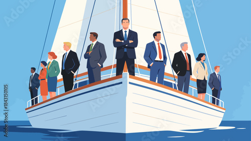 This illustration shows a business professional standing confidently on a sailboat at sea, symbolizing leadership, strategic navigation, and the journey toward business success and growth.