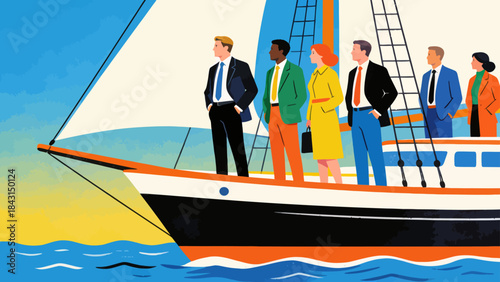 This illustration shows a business professional standing confidently on a sailboat at sea, symbolizing leadership, strategic navigation, and the journey toward business success and growth.