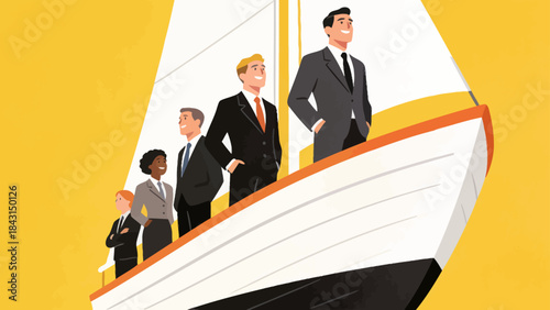 This illustration shows a business professional standing confidently on a sailboat at sea, symbolizing leadership, strategic navigation, and the journey toward business success and growth.