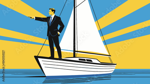 This illustration shows a business professional standing confidently on a sailboat at sea, symbolizing leadership, strategic navigation, and the journey toward business success and growth.