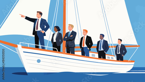 This illustration shows a business professional standing confidently on a sailboat at sea, symbolizing leadership, strategic navigation, and the journey toward business success and growth.