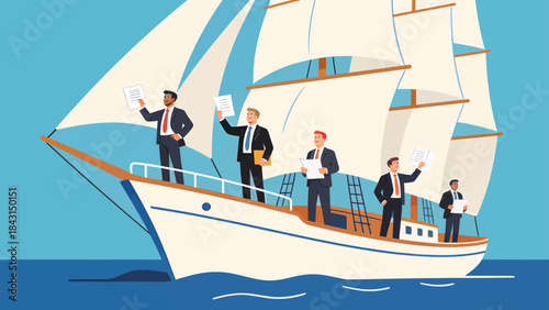 This illustration shows a business professional standing confidently on a sailboat at sea, symbolizing leadership, strategic navigation, and the journey toward business success and growth.