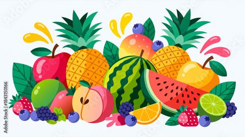 A vibrant digital illustration of fresh fruits arranged in a colorful composition against a white background.